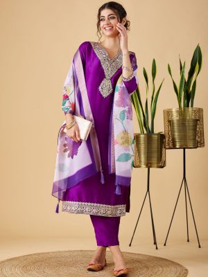 Floral Yoke Design Thread Work Straight Kurta With Trousers & Dupatta