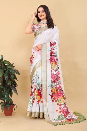 Off-White Pure Cotton Woven floral Saree