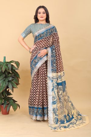 Brown Cotton Silk Printed Zigzag Saree