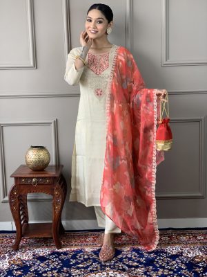 Gotta Patti Embroidered Round Neck Straight Kurta With Trousers & Dupatta