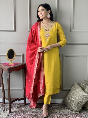 Women Embroidered Regular Kurta with Trousers & With Dupatta