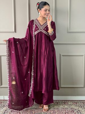 Wine Floral Embroidered V-Neck Sequence Straight Kurta With Trousers & Dupatta