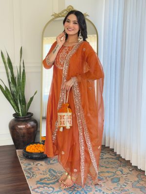 Ethnic Motifs Embroidered Thread Work Kurta With Trouser & Dupatta