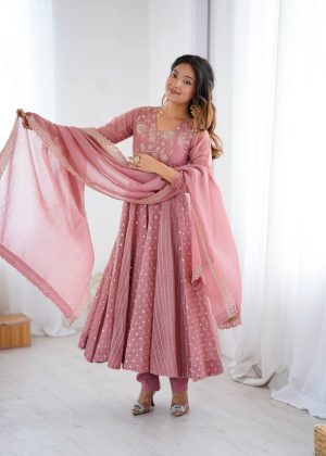 Peach Anarkali Crunchy Silk Gown with Fully Flair